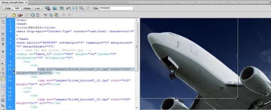 Exporting slices of an airplane takeoff from Photoshop, we can see the DreamWeaver table code that will be generated
