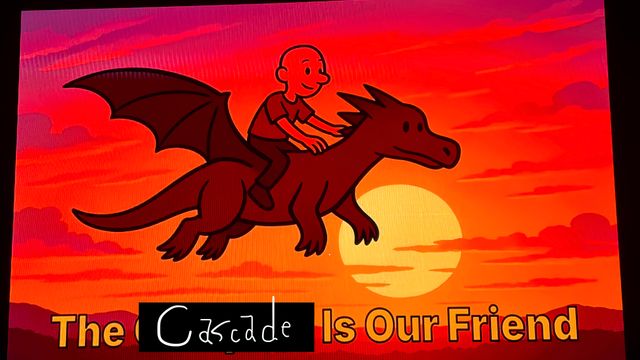 A boy riding a dragon as it flies past an orange sunset, in a drawing. Caption has been altered to say The [cascade] is our friend.
