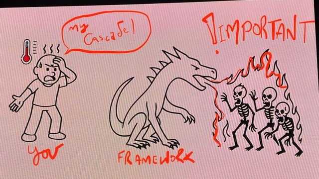 Drawing of someone watching a dragon breath fire on burning skeletons, the guy labeled 'you' is saying 'my cascade!' - the dragon is labeled 'framework' and the flame is !important
