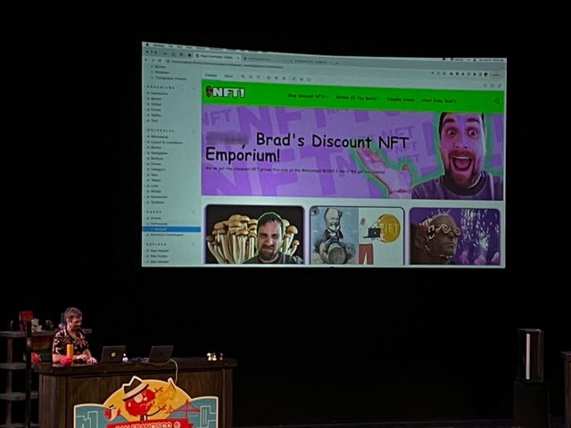 Brad frost on stage
talking bout design systems
with a demo of
'Brads discount NFT emporium'
in comic sans
