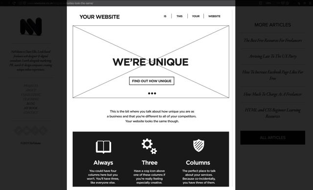 Wireframe with top logo and navigation,
a hero image that says `we're unique`,
and three columns featuring large icons.
