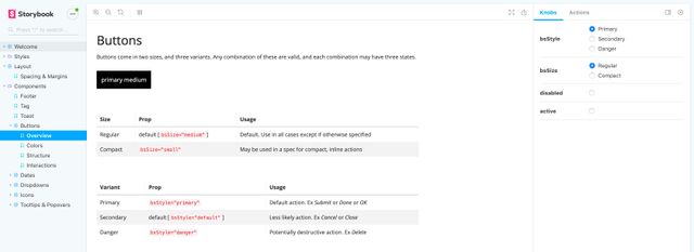 Screenshot of storybook showing a button component