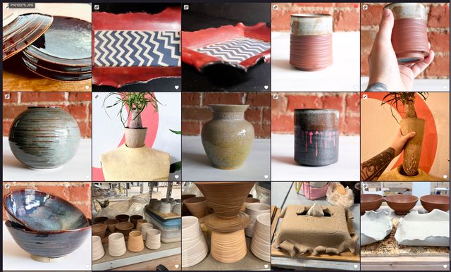 Gallery of pottery photos - some stacked shallow dishes, a trinket tray with off-kilter black-and white zig-zags, and a torn-edge red and black rim, a red-clay cortado mug with deep texture and an icy glazed rim, a bent-cone flower pot that sits in the neck of a dress form, giving it a head, a classical-shaped vase in splattered colors, a black clay mug with red arrows, two large bowls with galaxy blue glaze, a shelf of unfinished mugs and coffee power-overs and tea cups, a torn-edge tissue box cover in progress, and three large bowls behind two torn-edge platters all drying on a table.
