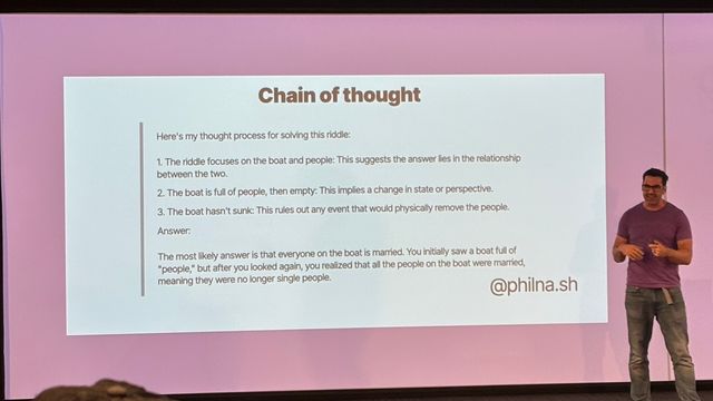 Phil Nash in front of a slide showing the 'thought process' of an AI
