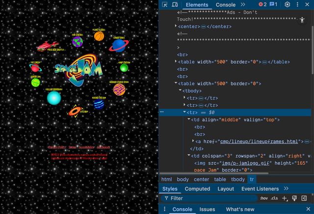 Inspecting the 1996 SpaceJam site to show a complex table layout with extra spacers to make a circle

