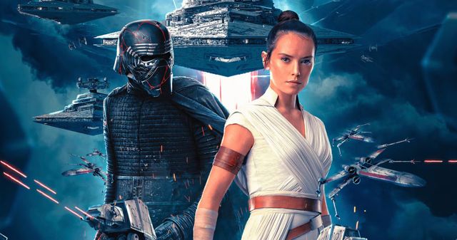 Kylo Ren and Rey standing in front of an entire star war with spaceships and lasers and AT-AT walkers
