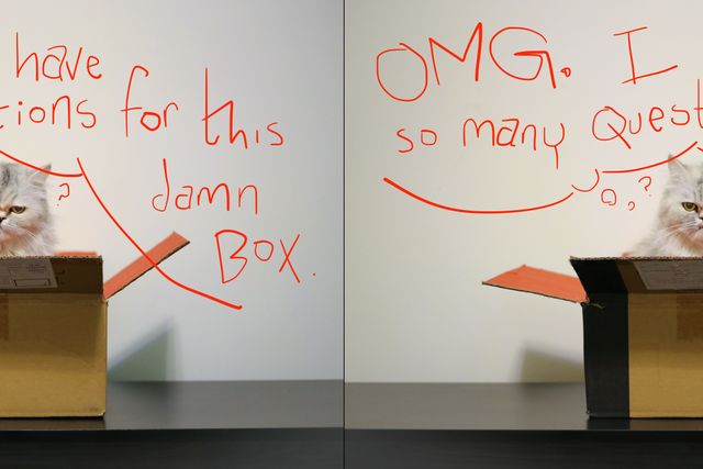 cat and speach bubble are again split and duplicated to center the image across two screens
