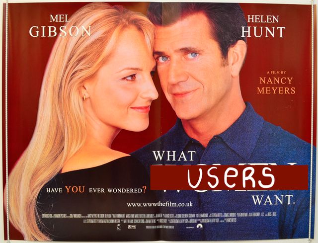 Altered 'What Women Want' movie poster
says 'What Users Want'
