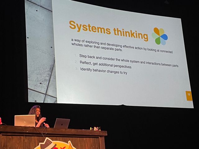Shubhie Panicker on stage
with a slide about Systems Thinking
