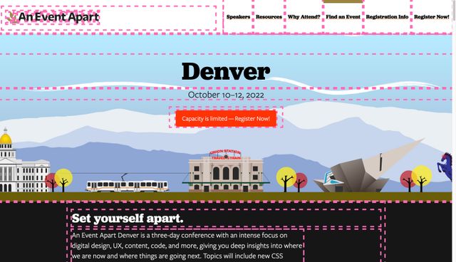 AEA Denver website
with an hotpink dashed outline
around every element on the page
