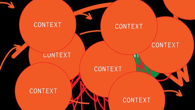 Glitchy context circles and arrows covering the whole page
