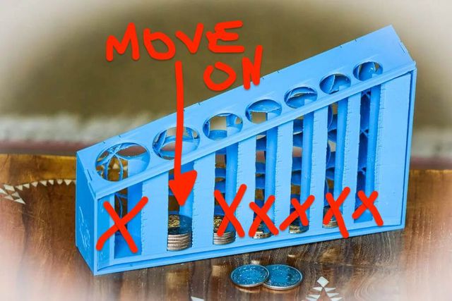 Same coin sorter,
with all slots crossed off
except for the largest one with coins in it,
and an arrow pointing at those coins
that says 'move on'
