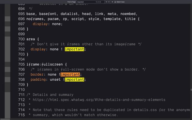 Searching firefox user agent styles for important with 26 results, three visible setting area display none and fullscreen iframes border none, parring unset
