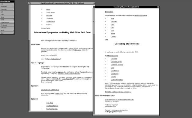 11ty symposium site and oddbird CSS workshop pages displayed as black and white text on the WWW browser emulator

