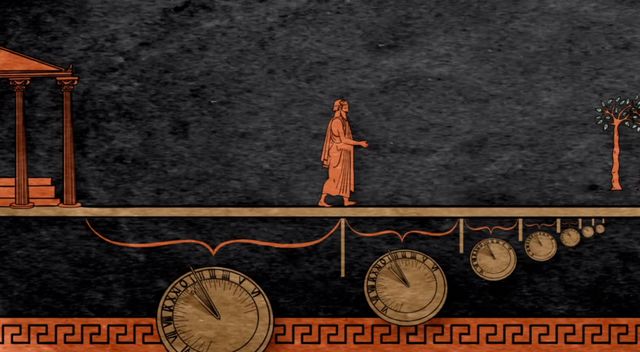 Zeno half way between a Greek temple and a tree,
the remainder of his path is marked with
increasingly small half-way measures,
each with a sundial below it.
