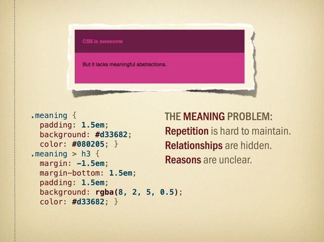 2012 slide - CSS is awesome, but it lacks meaningful abstractions.
